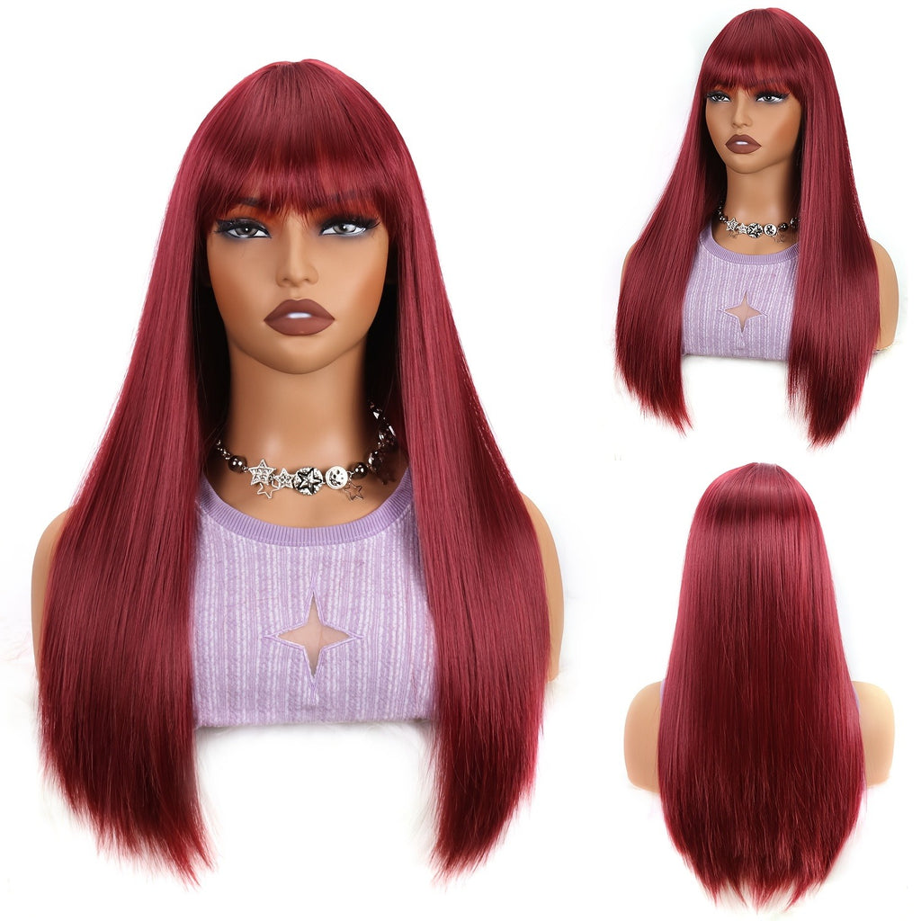 Elegant 26-Inch Burgundy Long Straight Synthetic Wig with Bangs - Women'S Wig, Density, Stylish Long Straight Black Hair with a Look, Heat-Resistant Synthetic Fibers, Perfect for Everyday Use And Party Events