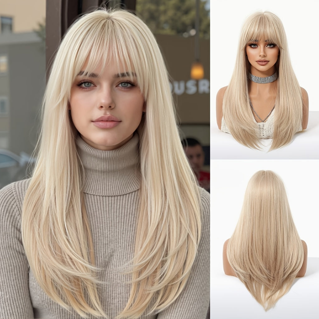 26-inch Light Golden Straight Wig with Bangs - Heat-Resistant Synthetic Fiber Suitable for Daily Wear, Cosplay, Parties & Natural Look Hairpiece, Base Wig for Role-Play, Carnivals, Instant Hairstyle