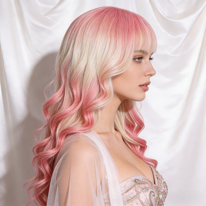 Gradient Pink-Platinum Blonde Long Curly Wig - Air Bangs, Soft-Girl Vibes and Daily Wear | Perfect for Outings, Photo Shoots and Gatherings
