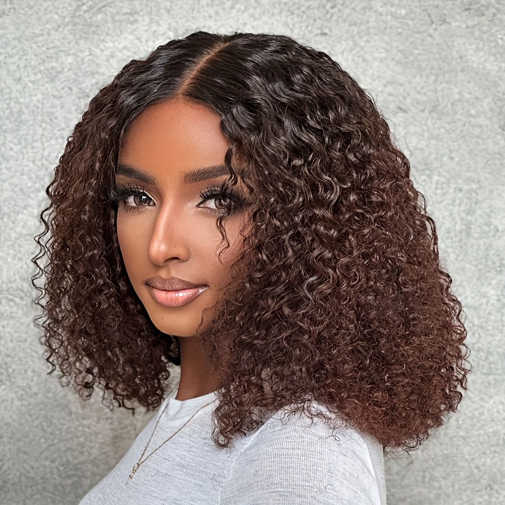 13x4 Lace Front Brown Ombre Curly Wave Human Hair Wigs | Brazilian Lace Part, Remy Hair, Density, Ideal for Vacation Style