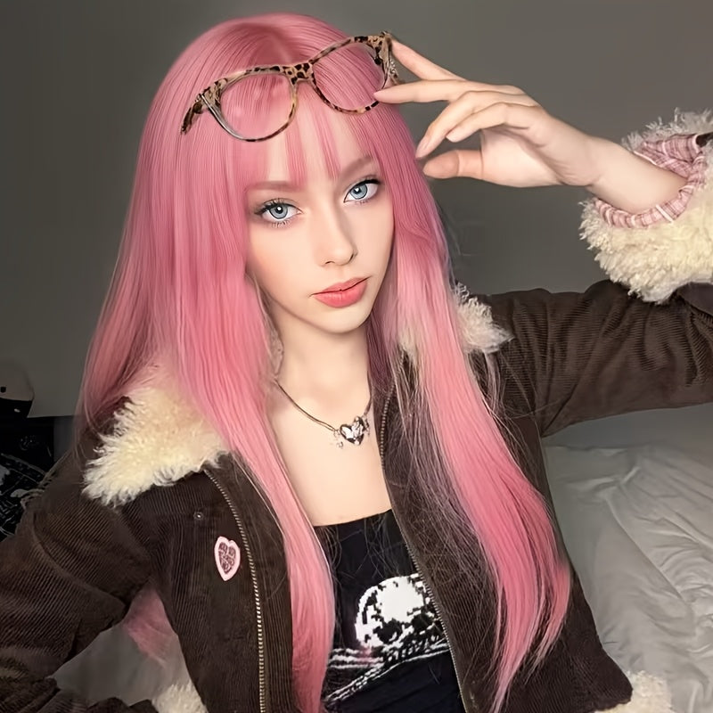 A Festive Wig Suitable for Everyone, Pink Smoky Long Straight Wig with Bangs, Cool and Fashionable, Trend-seeking, Suitable for Conventions, Themed Parties, Daily Life, and Other Occasions, Halloween, Black Friday, Thanksgiving, Christmas.