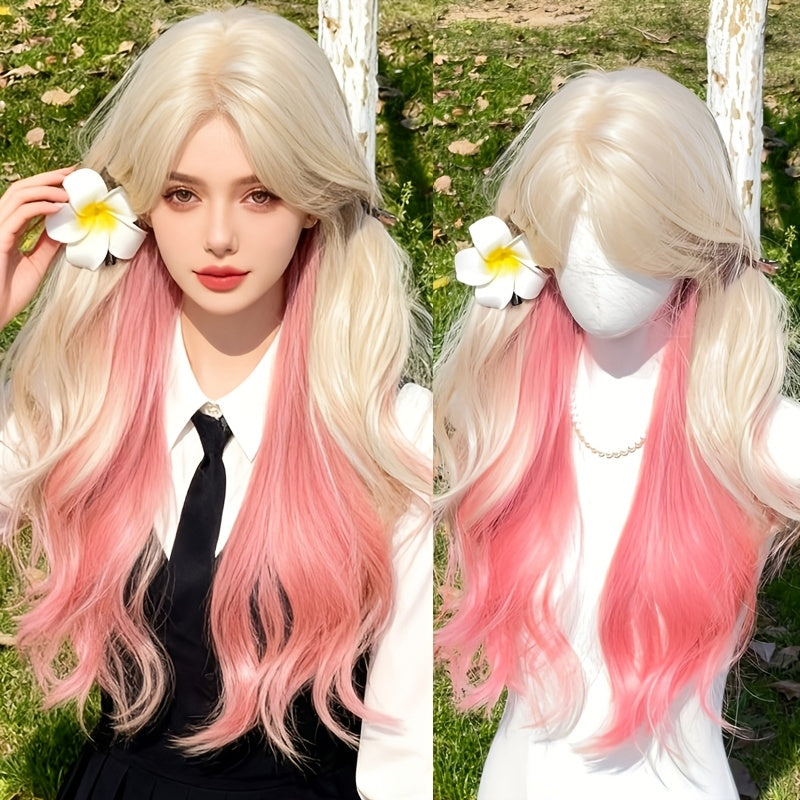 26 Inch Women's Full Wig Suitable for Skin Tones - Looking Gradient Pink Hair with Bangs, Curly Wave Volume, European\u002FAmerican Style for Daily Wear, Parties, Photo Shoots - Long Curly Hair Wig for Versatile Style
