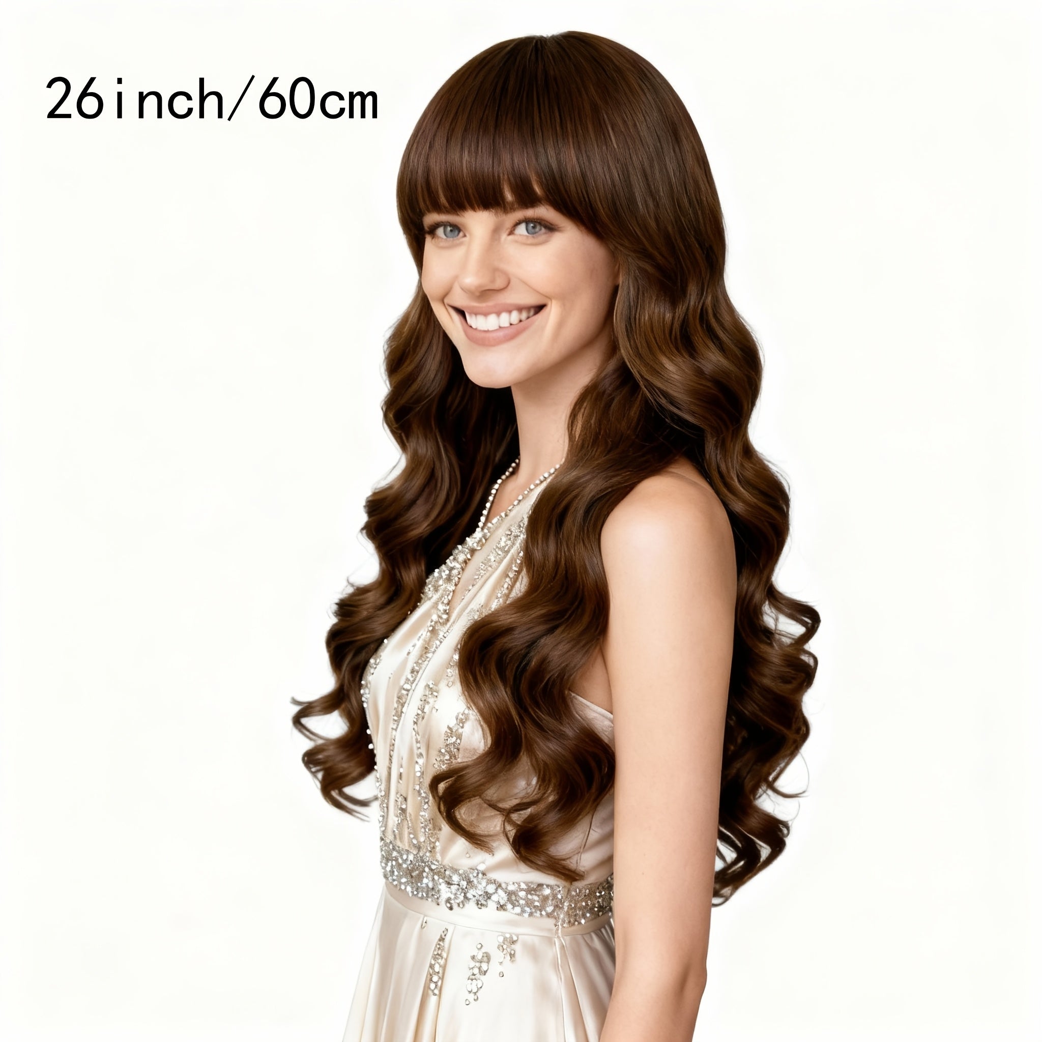European And American Style Light Brown Long Wavy Hair Wig with Air Bangs, Rose Net Lace Wig for Women, Full Head Long Curly Hair with Big Waves, Fashionable Waist-Length Hair with Side-Swept Bangs