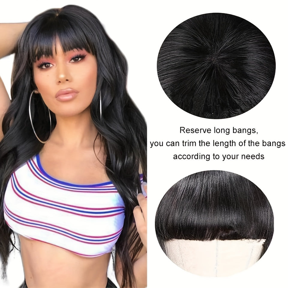 Body Wave Human Hair Wig Suitable for Women - Glueless Full Machine-Made Wig with Bangs | Natural Color Remy Indian Hair | 200% Density Body Wave Texture | for Dreadlock & Braids Styles | Instant Volume Hairpiece