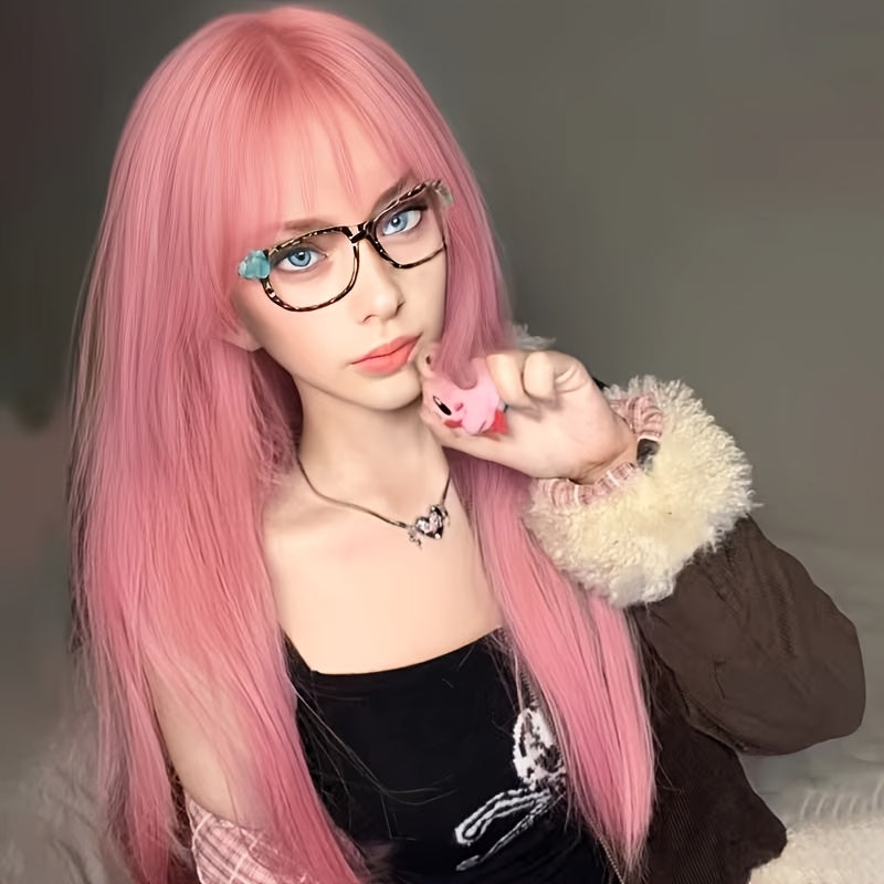 A Festive Wig Suitable for Everyone, Pink Smoky Long Straight Wig with Bangs, Cool and Fashionable, Trend-seeking, Suitable for Conventions, Themed Parties, Daily Life, and Other Occasions, Halloween, Black Friday, Thanksgiving, Christmas.