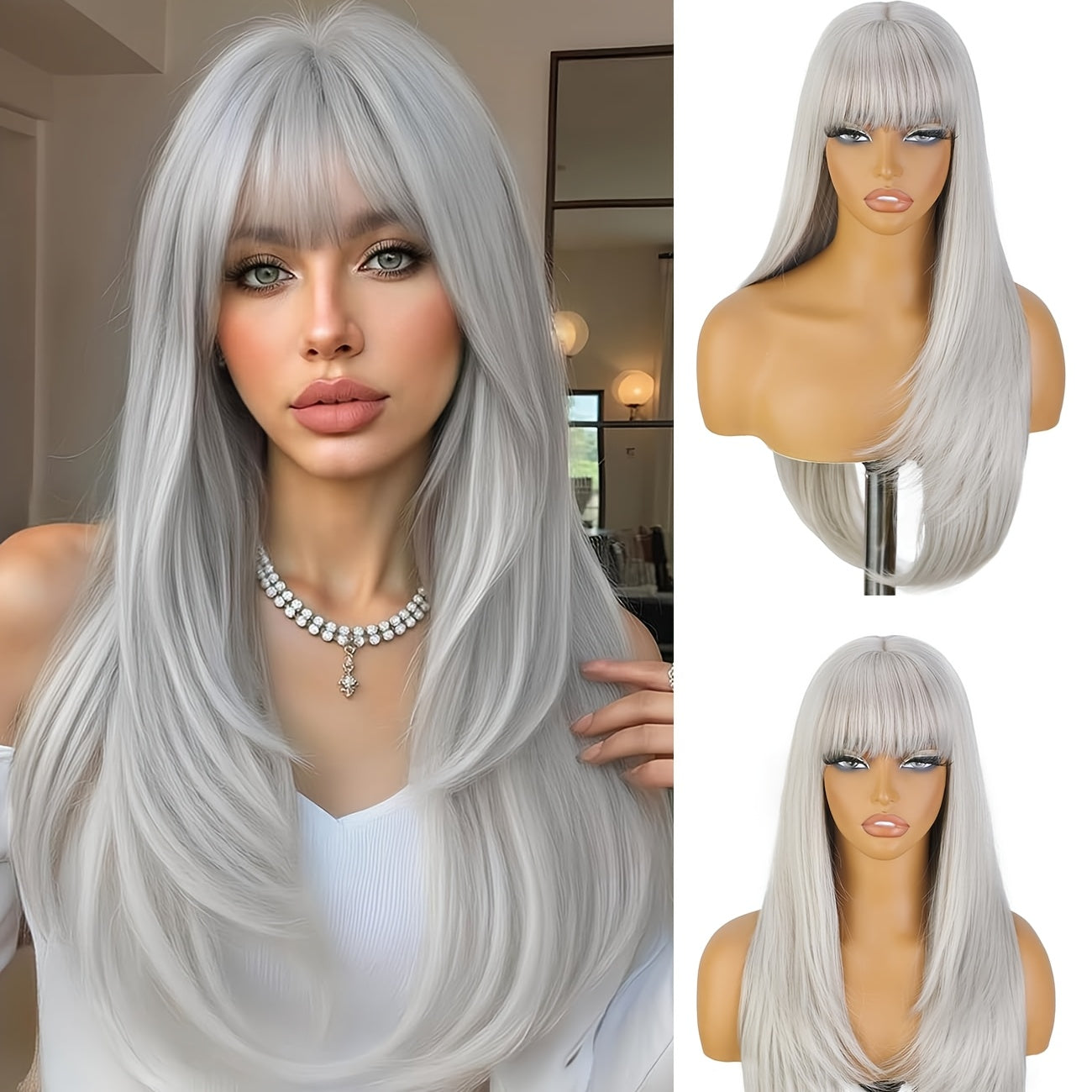 24 Inch Long Black Straight Wig with Bangs Colorful Y Soft Smooth Black Wigs Synthetic Heat Resistant Fiber Hair Daily Party Use with Density for Women