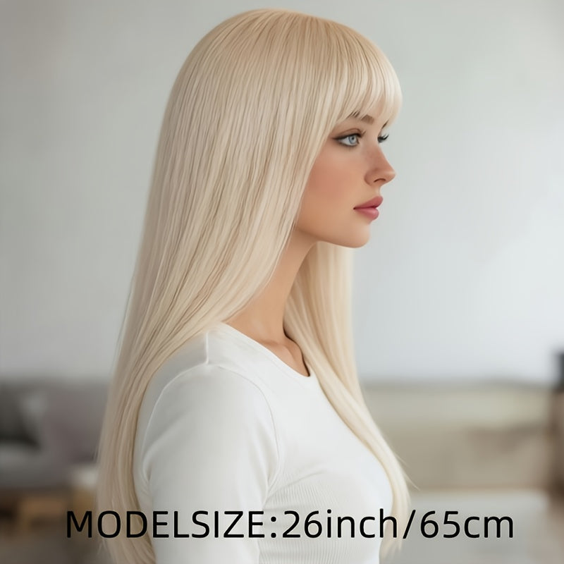 26-inch Light Golden Straight Wig with Bangs - Heat-Resistant Synthetic Fiber Suitable for Daily Wear, Cosplay, Parties & Natural Look Hairpiece, Base Wig for Role-Play, Carnivals, Instant Hairstyle