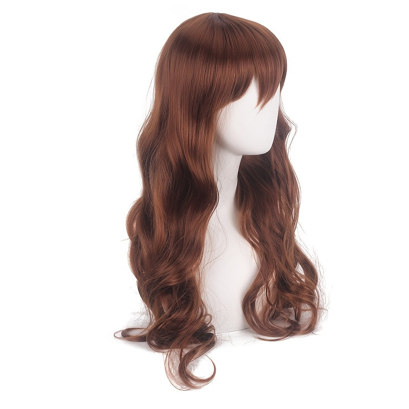 A 28-inch brown side-swept wavy long wig suitable for everyone. It can be used for daily outings, parties, role-playing, comic exhibitions, taking photos as an Internet celebrity, Halloween and Christmas