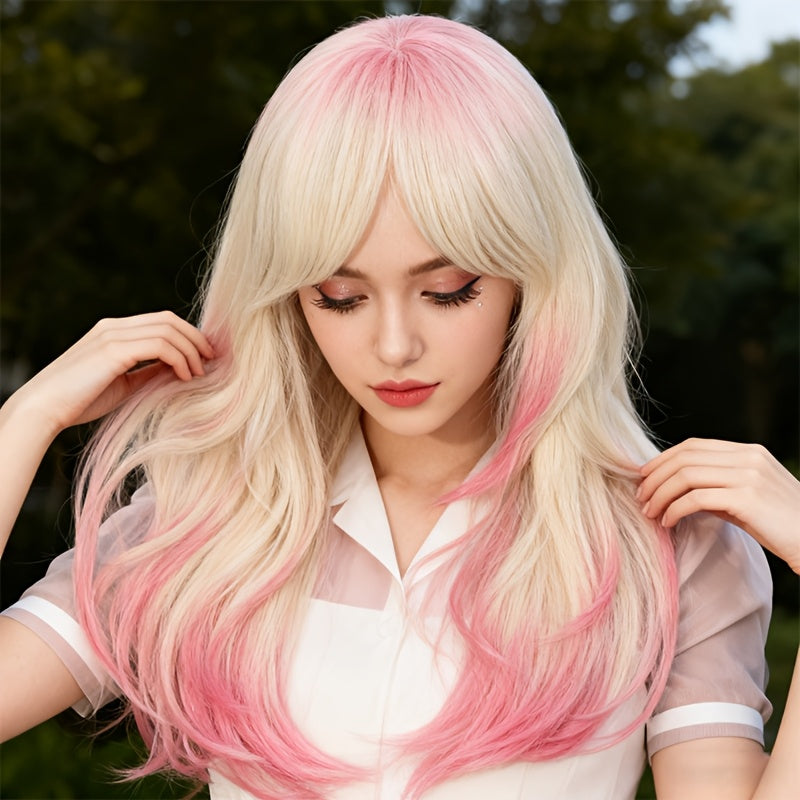 26 Inch Women's Full Wig Suitable for Skin Tones - Looking Gradient Pink Hair with Bangs, Curly Wave Volume, European\u002FAmerican Style for Daily Wear, Parties, Photo Shoots - Long Curly Hair Wig for Versatile Style