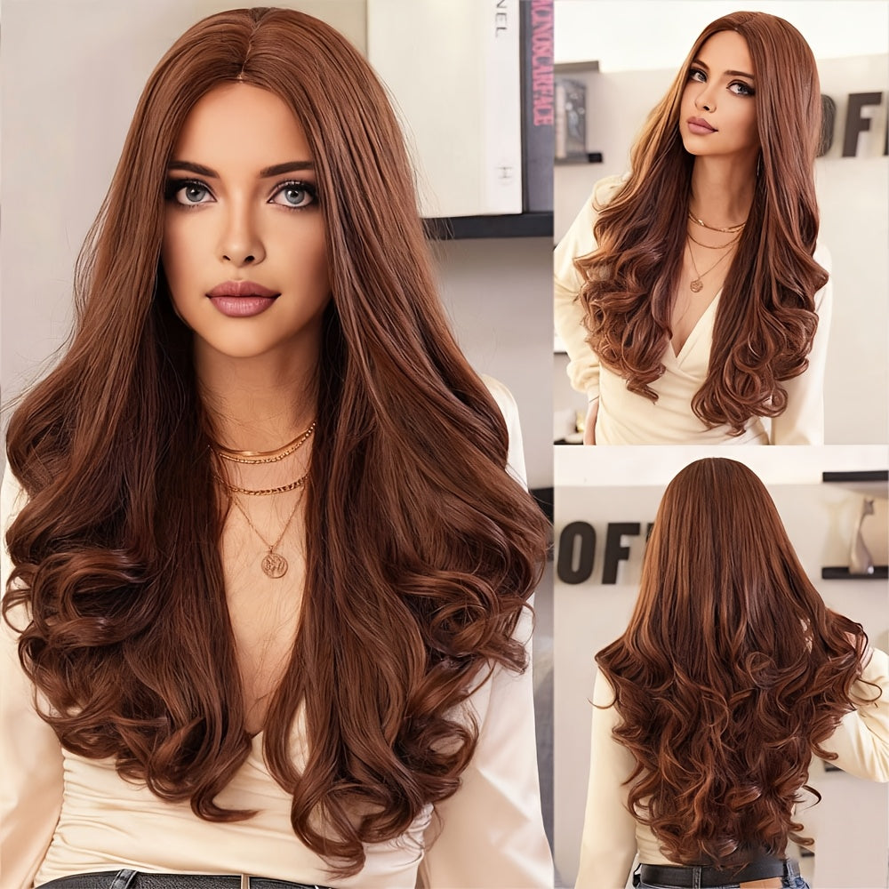 European and American Wig, Long Loose Curly Hair for Women, 26 Inch Chocolate Brown Color Middle Part Synthetic Wig, Beginner Friendly, for Daily, Party, Holiday, Wedding, Valentines