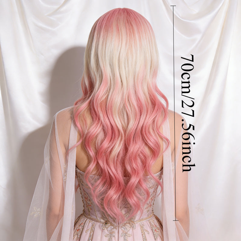Gradient Pink-Platinum Blonde Long Curly Wig - Air Bangs, Soft-Girl Vibes and Daily Wear | Perfect for Outings, Photo Shoots and Gatherings