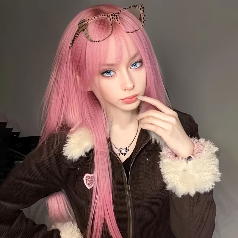 A Festive Wig Suitable for Everyone, Pink Smoky Long Straight Wig with Bangs, Cool and Fashionable, Trend-seeking, Suitable for Conventions, Themed Parties, Daily Life, and Other Occasions, Halloween, Black Friday, Thanksgiving, Christmas.