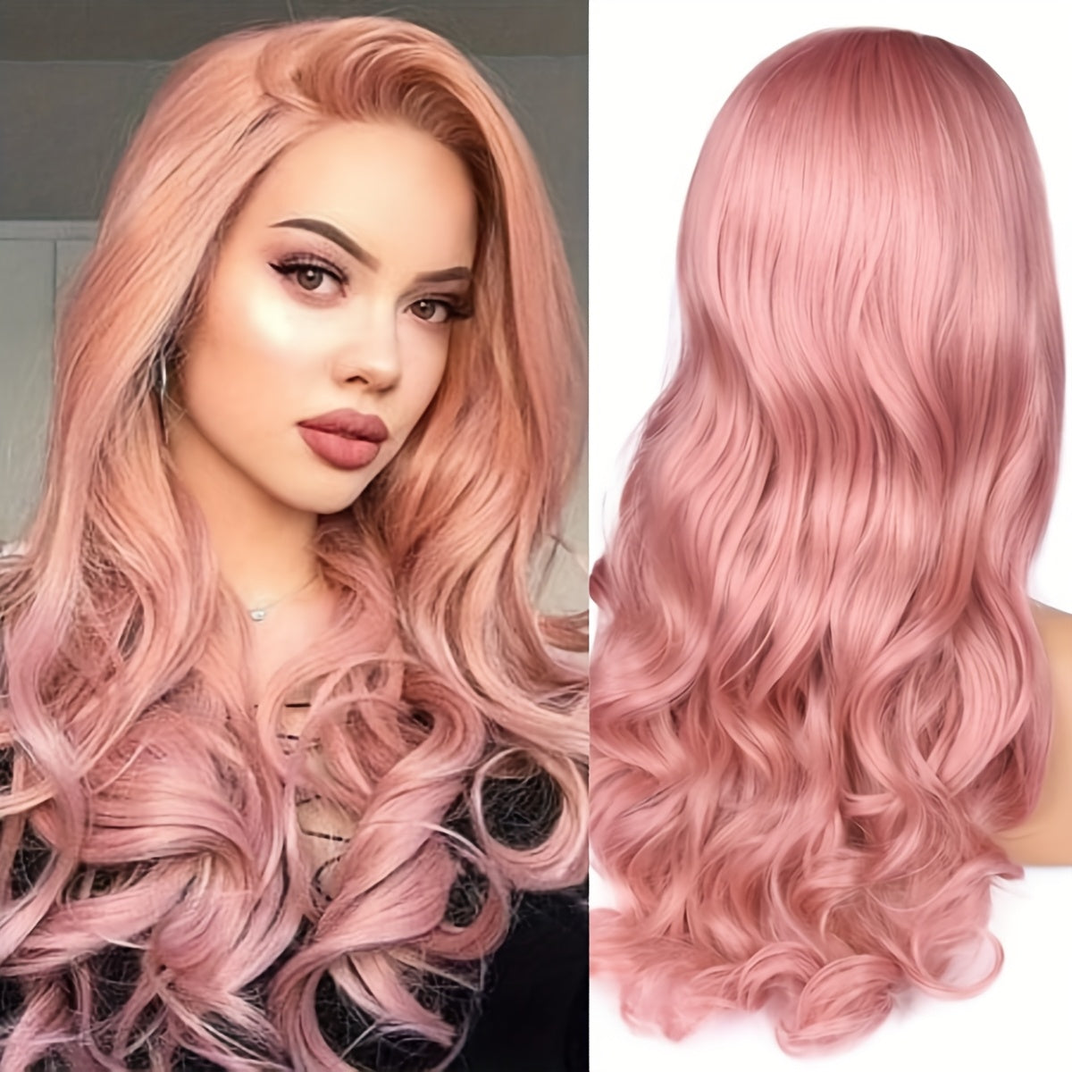 Women'S Long Pink Body Wave Wig - Heat Resistant Synthetic Hair with Natural Curly Waves, Pastel Pink to Rose Red Ombre, Cosplay - Voluminous Body Wave Texture - Easy Maintenance & Damage-Free Styling, Pink Wig, Wig For Women