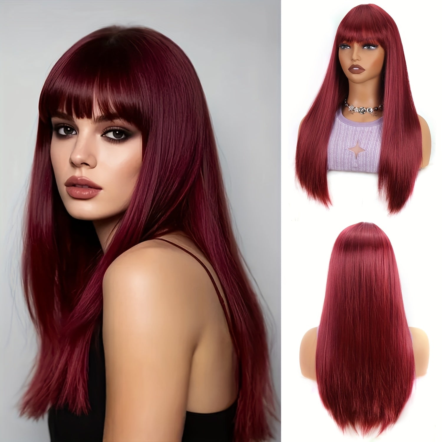Elegant 26-Inch Burgundy Long Straight Synthetic Wig with Bangs - Women'S Wig, Density, Stylish Long Straight Black Hair with a Look, Heat-Resistant Synthetic Fibers, Perfect for Everyday Use And Party Events